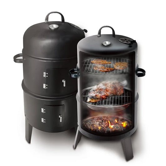 JMT-417866 3-in-1 Vertical Charcoal Smoker and Barbecue Grill, Smokeless Barrel Design