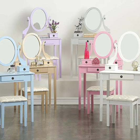 JMT-595274 White Small Makeup Vanity Dressing Desk with Mirror - MDF/Wood, 30W x 13D x 53H Inches