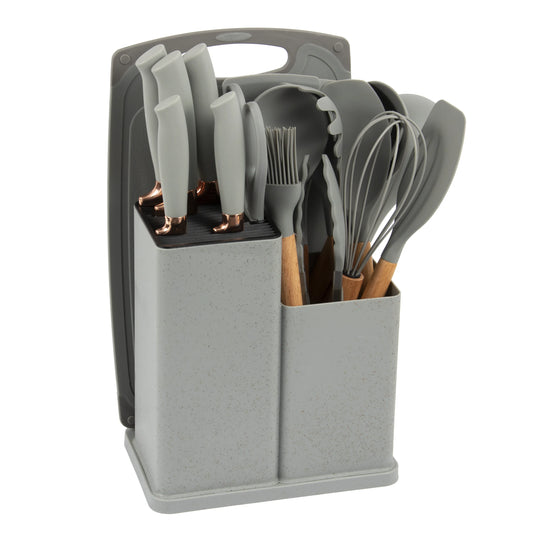 JMT-837514 19-Piece Silicone Kitchen Utensil Set with Wooden Handles and Storage Bucket