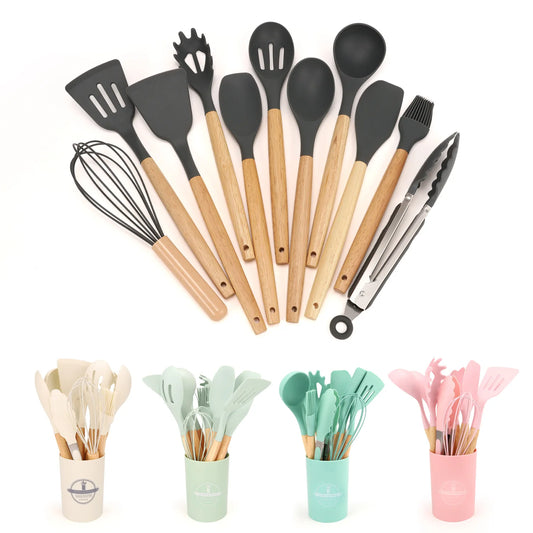 JMT-985546 12-Piece Silicone Kitchen Utensils Set with Non-Stick Wooden Handles for Versatile Cooking and Storage
