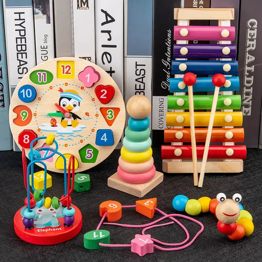 JMT-609738 Montessori Wooden Animal Math Clock and Musical Instrument Educational Toy Set for Kids