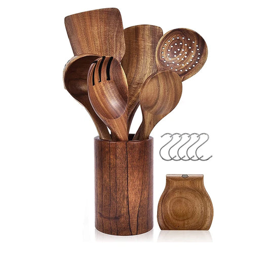 JMT-510986 Wooden Cooking Utensils Set - 6 Pieces Natural Kitchen Tools with Holder