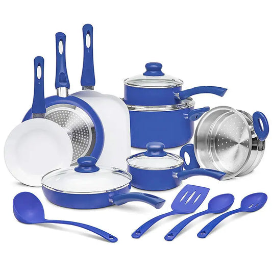 JMT-575370 18-Piece Non-Stick Cookware Set in Black with Cast Iron Pots and Pans