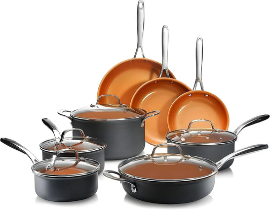 JMT-968586 13-Piece Easy Clean Nonstick Metal and Glass Cookware Set with Ceramic Coating for Home Cooking