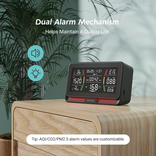 JMT-629450 WiFi Air Quality Monitor for CO2, PM2.5, PM10, TVOC, HCHO, AQI, Temperature, and Humidity Analysis
