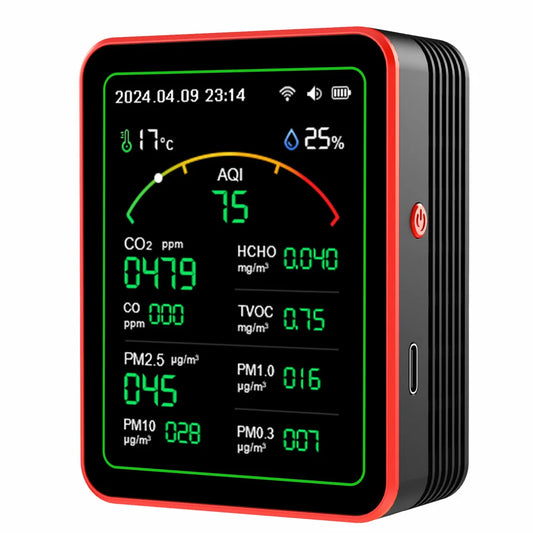 JMT-579722 WiFi 15-in-1 Air Quality Monitor with CO2 and PM2.5 Detection for Indoor Use, USB Type-C Charging