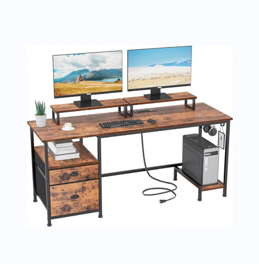 JMT-415626 Large Rustic Brown Computer Desk with 2 Removable Monitor Stands, CPU Stand, and Hooks for Home Office Use