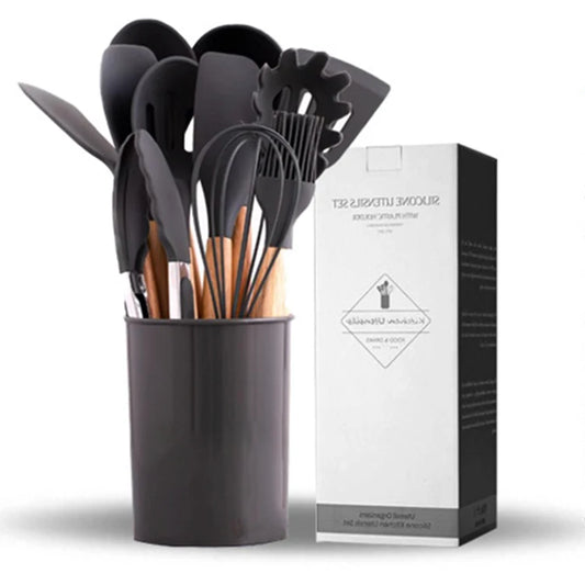 JMT-214922 12-Piece Silicone Kitchen Utensil Set with Storage Bucket - High Temperature Resistant Cooking Tools
