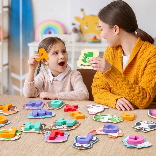 JMT-899210 Children's Wooden Animal Letter Puzzle - 26 Pcs Alphabet Matching Blocks for Educational Play