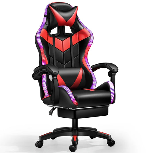 JMT-944522 Ergonomic Gaming Chair with LED RGB Lights, High Back Support, Footrest, and Adjustable Lumbar Support in Leather