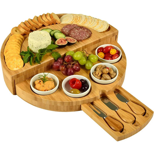 JMT-821706 Rotating Bamboo Chopping Board Set with Ceramic Bowls and Knives for Cheese and Appetisers