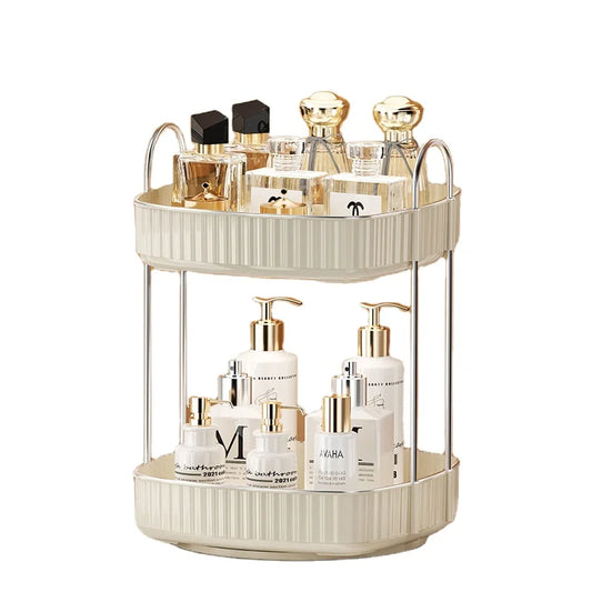 JMT-348298 Two-Layer Rotating Home Storage Organizer Rack in Cream White and Elegant Black