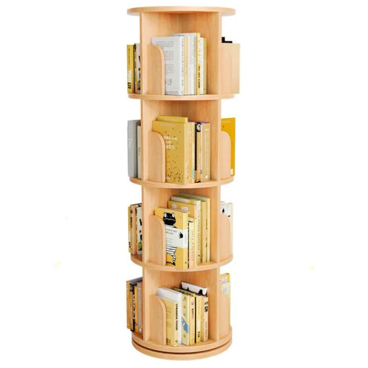 JMT-517386 Solid Wood 360° Rotating Bookshelf Tower - Bamboo Multi-Shelf Storage Solution