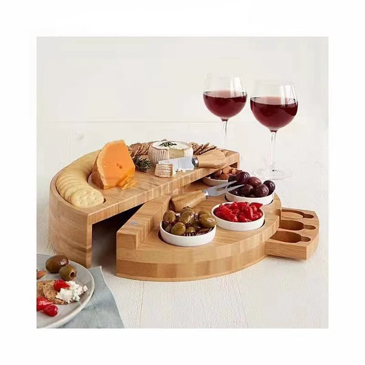 JMT-821706 Rotating Bamboo Chopping Board Set with Ceramic Bowls and Knives for Cheese and Appetisers