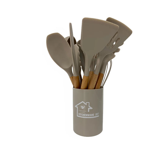 JMT-920010 Heat-Resistant Wooden Handle Silicone Cookware Set – 11 Pieces with Round Container