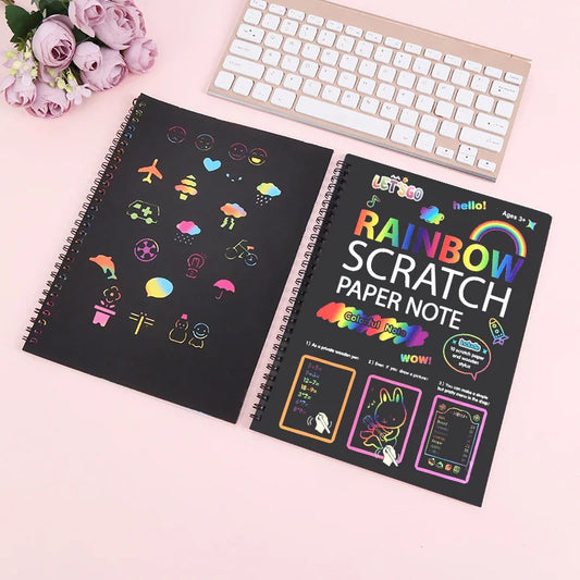 JMT-810634 DIY Rainbow Scratch Paper Set for Kids with Bamboo Sticks - Creative Scratch Art Activity