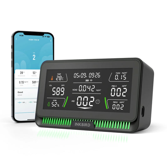 JMT-629450 WiFi Air Quality Monitor for CO2, PM2.5, PM10, TVOC, HCHO, AQI, Temperature, and Humidity Analysis
