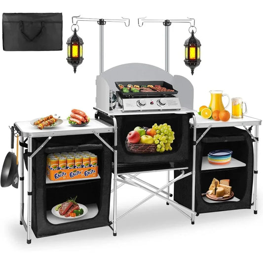 JMT-924042 Portable Outdoor Folding Cooking Station with Storage for Camping and Mobile Kitchen Use