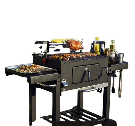 JMT-596362 Stainless Steel Charcoal Grill with Trolley - Outdoor BBQ Table Grill
