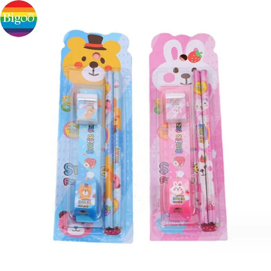 JMT-093514 5-Piece Kids' School Supplies Set with Pencil, Ruler, and Eraser in Pink and Blue