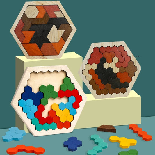 JMT-981706 3D Hexagonal Wooden Puzzle Set for Children – Educational Montessori Tangram Toys