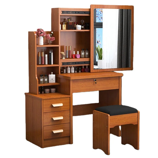 JMT-922954 Wooden Makeup Desk Vanity Set with Cushioned Stool and Round Mirror