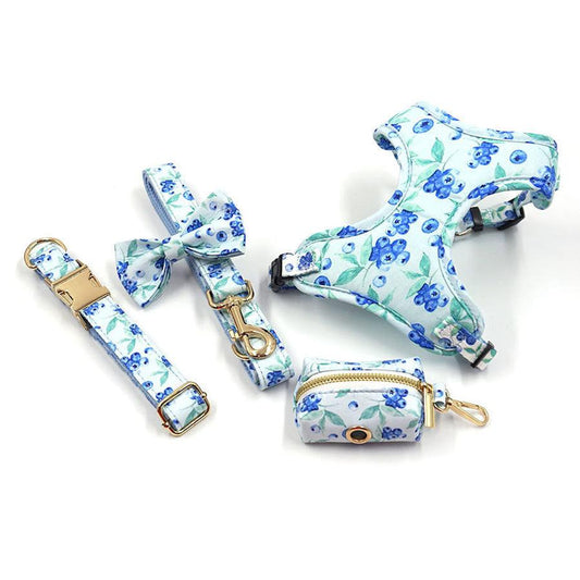 JMT-000586 Blueberry Print Pet Harness and Leash Set - Comfortable Polyester Design for Small to Extra Large Pets