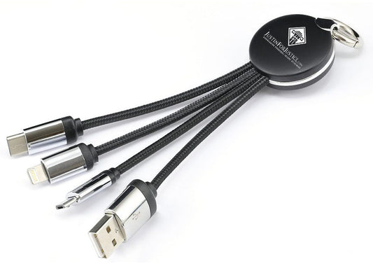 JMT-001418 Universal 3-in-1 Fast Charge Data Keychain Cable - Lightning, Micro USB, Type-C, 16.5cm Length