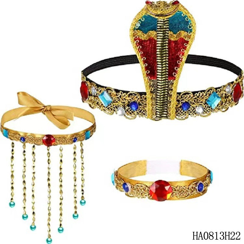 JMT-001930 Pharaoh-Inspired Sequined Headband with Snake Design - Free Size Metal Hair Accessory