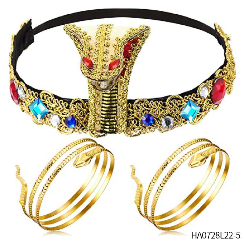 JMT-001930 Pharaoh-Inspired Sequined Headband with Snake Design - Free Size Metal Hair Accessory