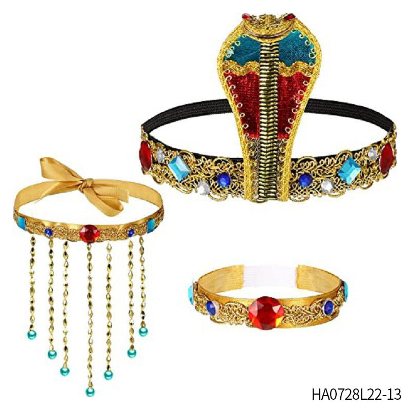 JMT-001930 Pharaoh-Inspired Sequined Headband with Snake Design - Free Size Metal Hair Accessory