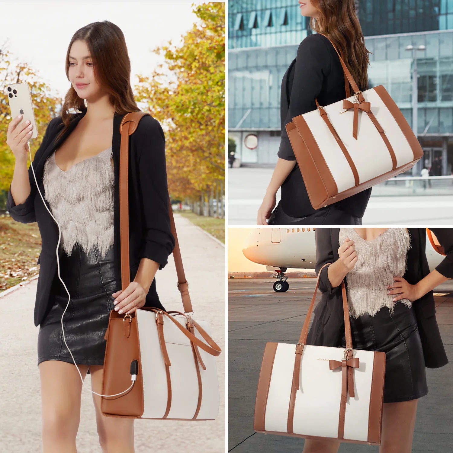 JMT-002058 2pc Ladies Handbag Set - PU Leather Office Tote and Laptop Briefcase, 15.6 Inch Women's Shoulder Bags
