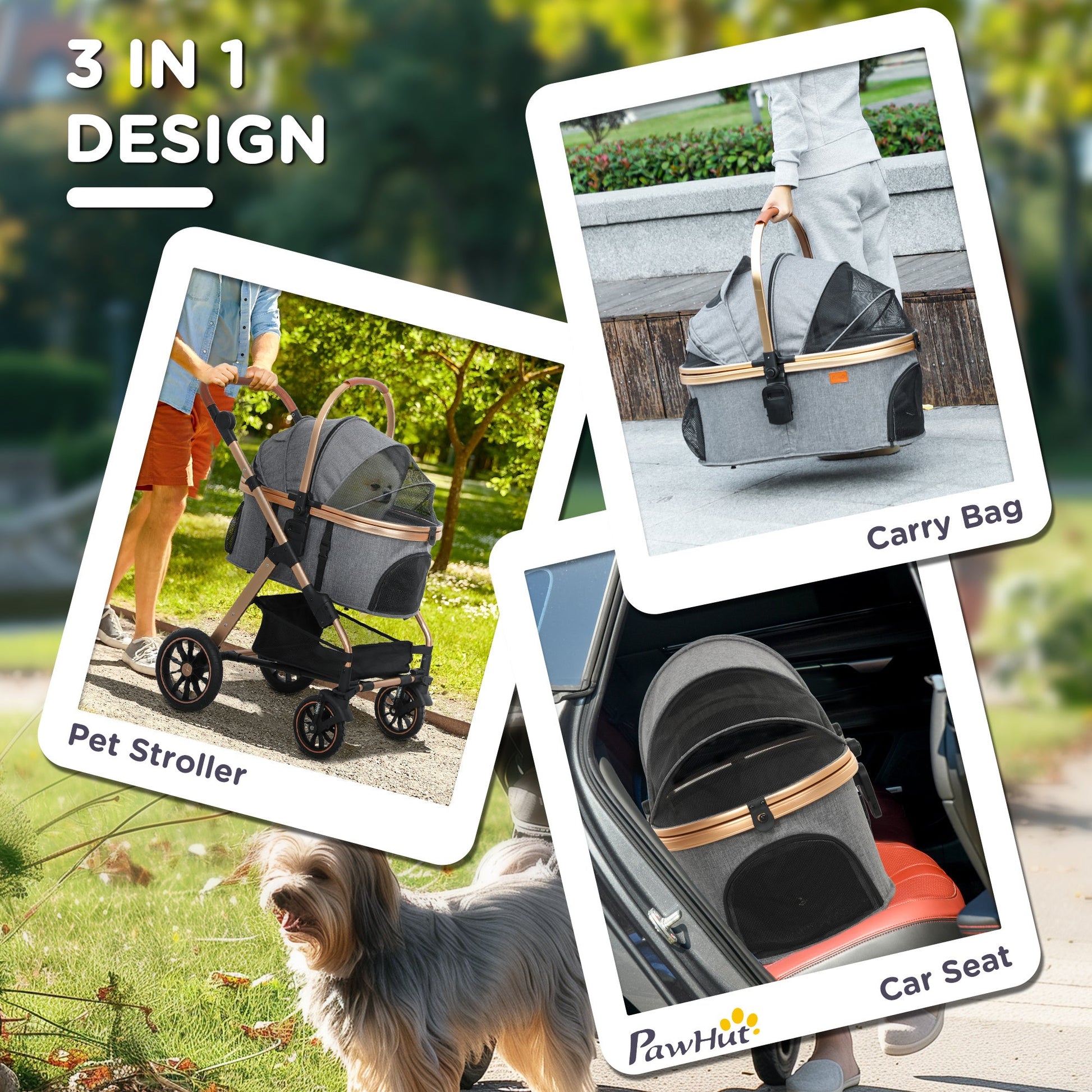 JMT-003402 3-in-1 Lightweight Dog Stroller with Detachable Cabin for Small Dogs, Gray, Adjustable Canopy and Storage Features