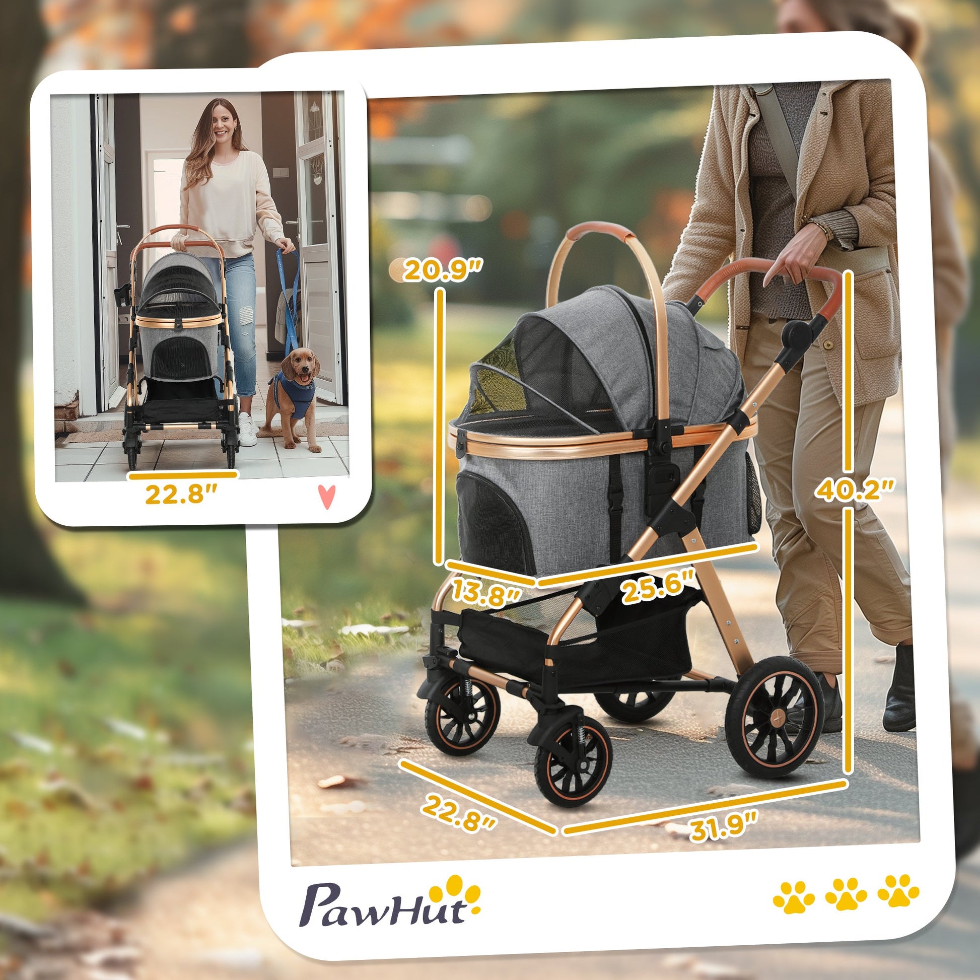 JMT-003402 3-in-1 Lightweight Dog Stroller with Detachable Cabin for Small Dogs, Gray, Adjustable Canopy and Storage Features