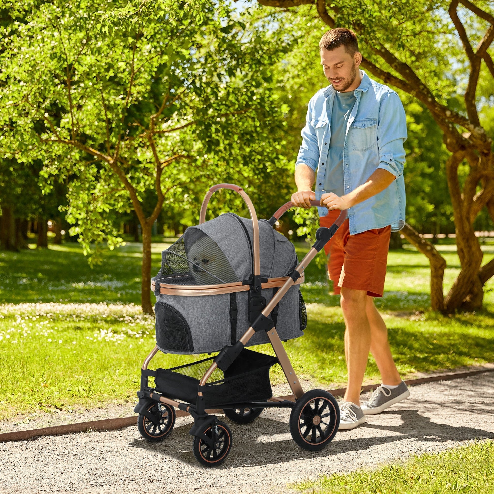 JMT-003402 3-in-1 Lightweight Dog Stroller with Detachable Cabin for Small Dogs, Gray, Adjustable Canopy and Storage Features
