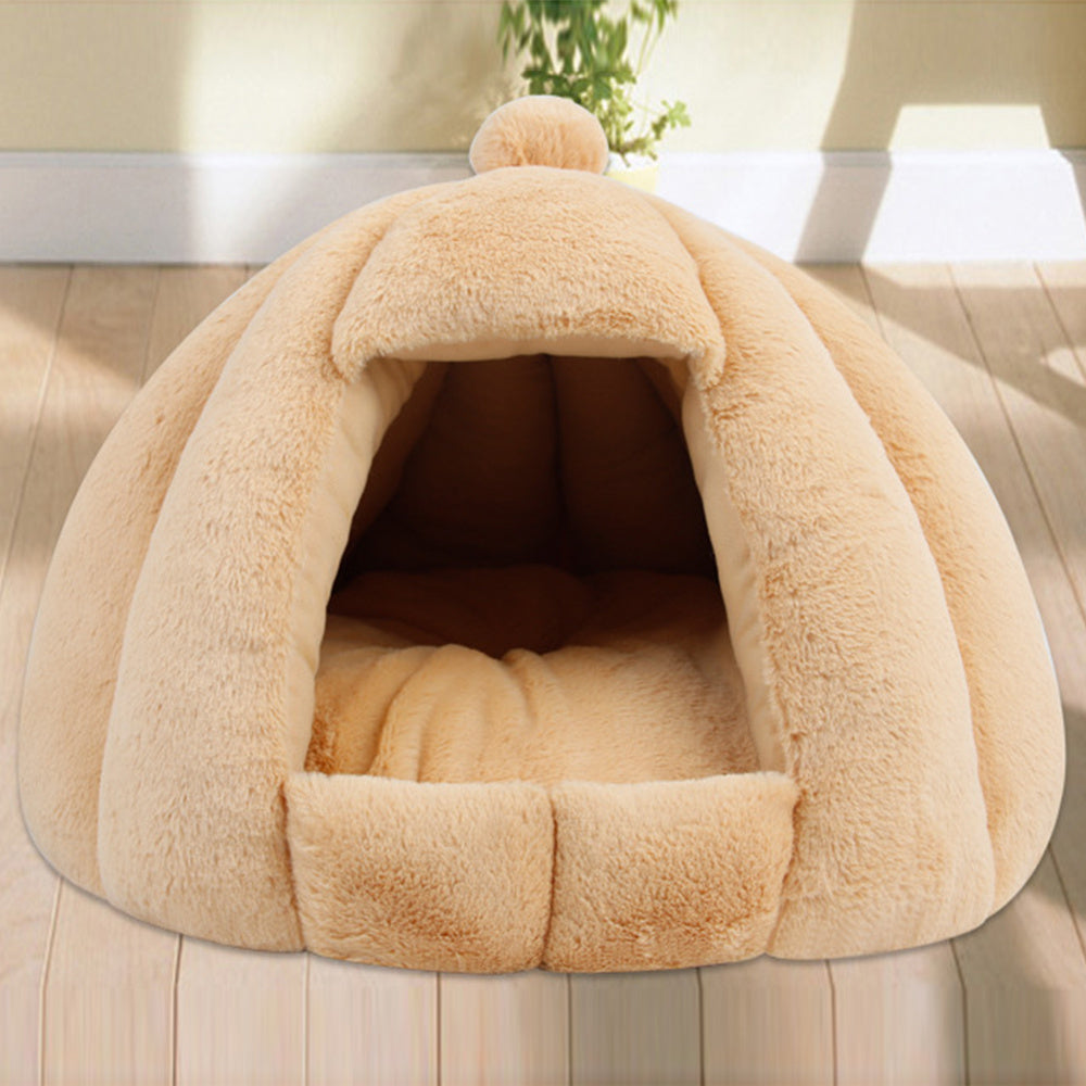 JMT-003850 Plush Velvet Yurt Nest for Cats and Dogs - Thickened Rabbit and Pull Plush, Orange, Yellow, Grey