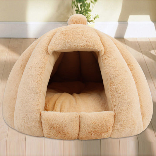 JMT-003850 Plush Velvet Yurt Nest for Cats and Dogs - Thickened Rabbit and Pull Plush, Orange, Yellow, Grey