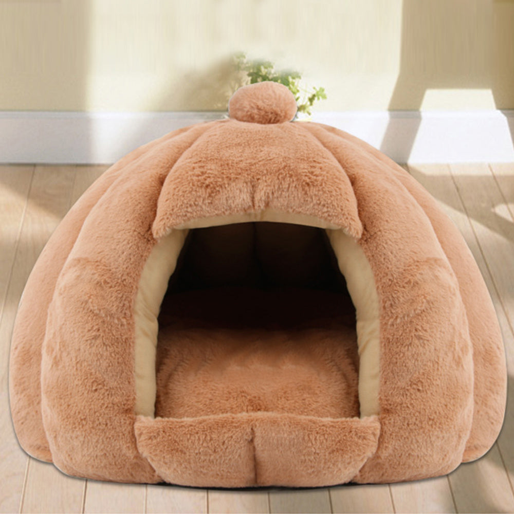 JMT-003850 Plush Velvet Yurt Nest for Cats and Dogs - Thickened Rabbit and Pull Plush, Orange, Yellow, Grey