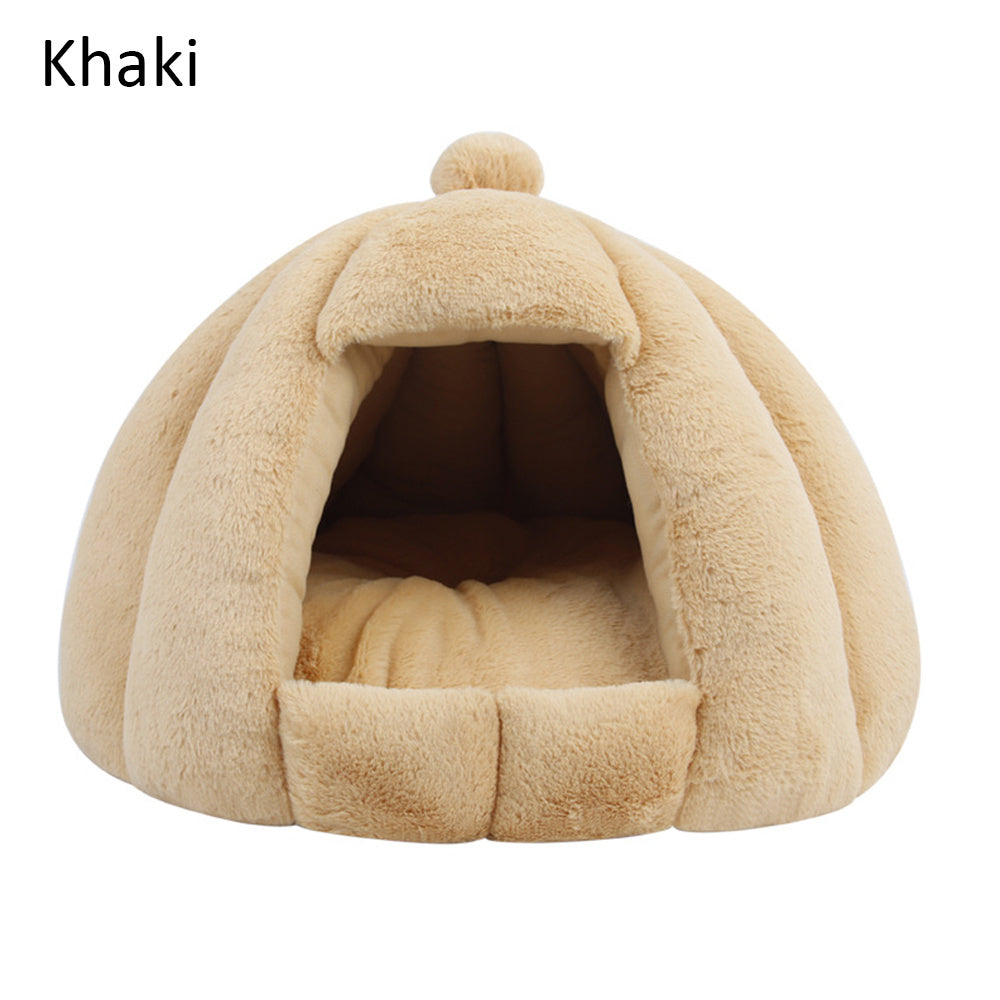 JMT-003850 Plush Velvet Yurt Nest for Cats and Dogs - Thickened Rabbit and Pull Plush, Orange, Yellow, Grey