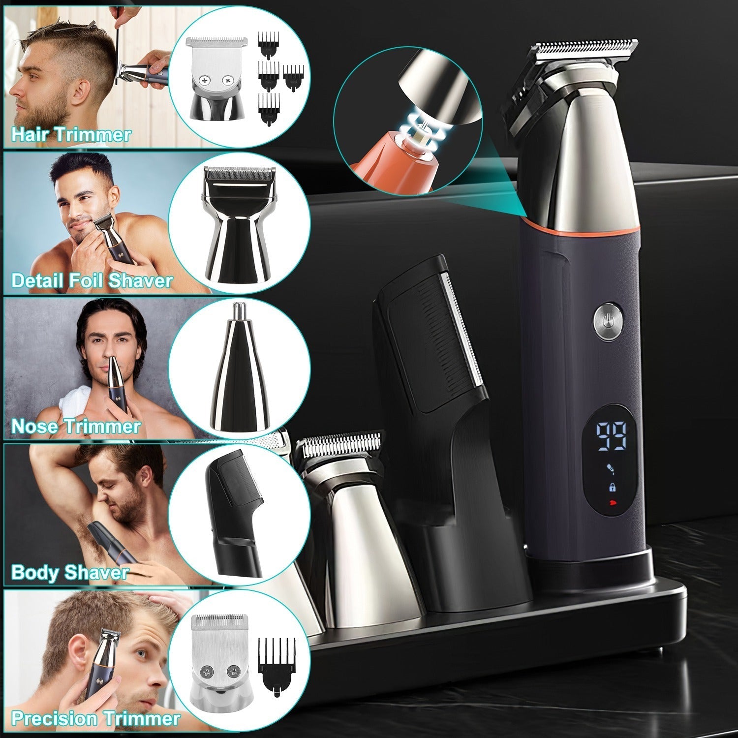 JMT-004682 5-in-1 Waterproof Beard Trimmer for Men with Rechargeable Battery and LED Display, Cordless Grooming Kit