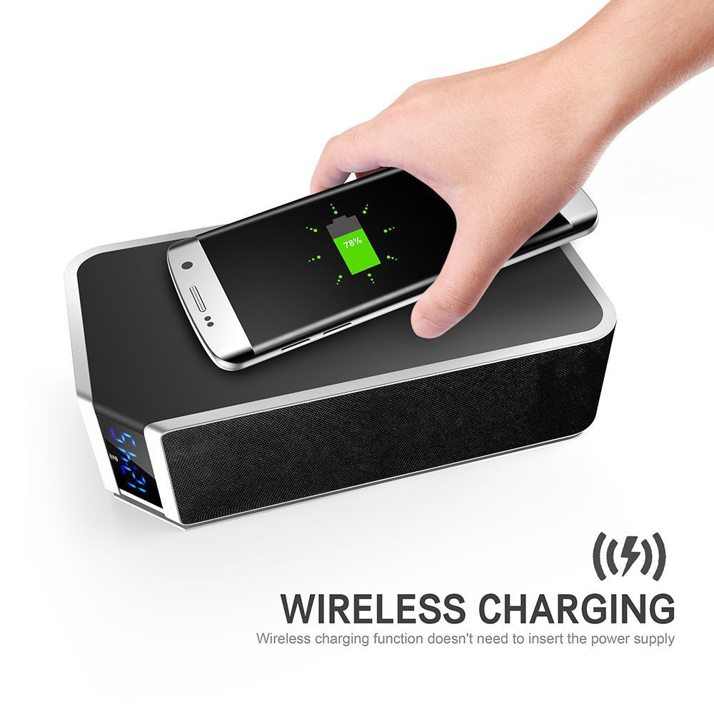 JMT-005194 Wireless Charging Alarm Clock with Bluetooth FM Speaker and USB Port