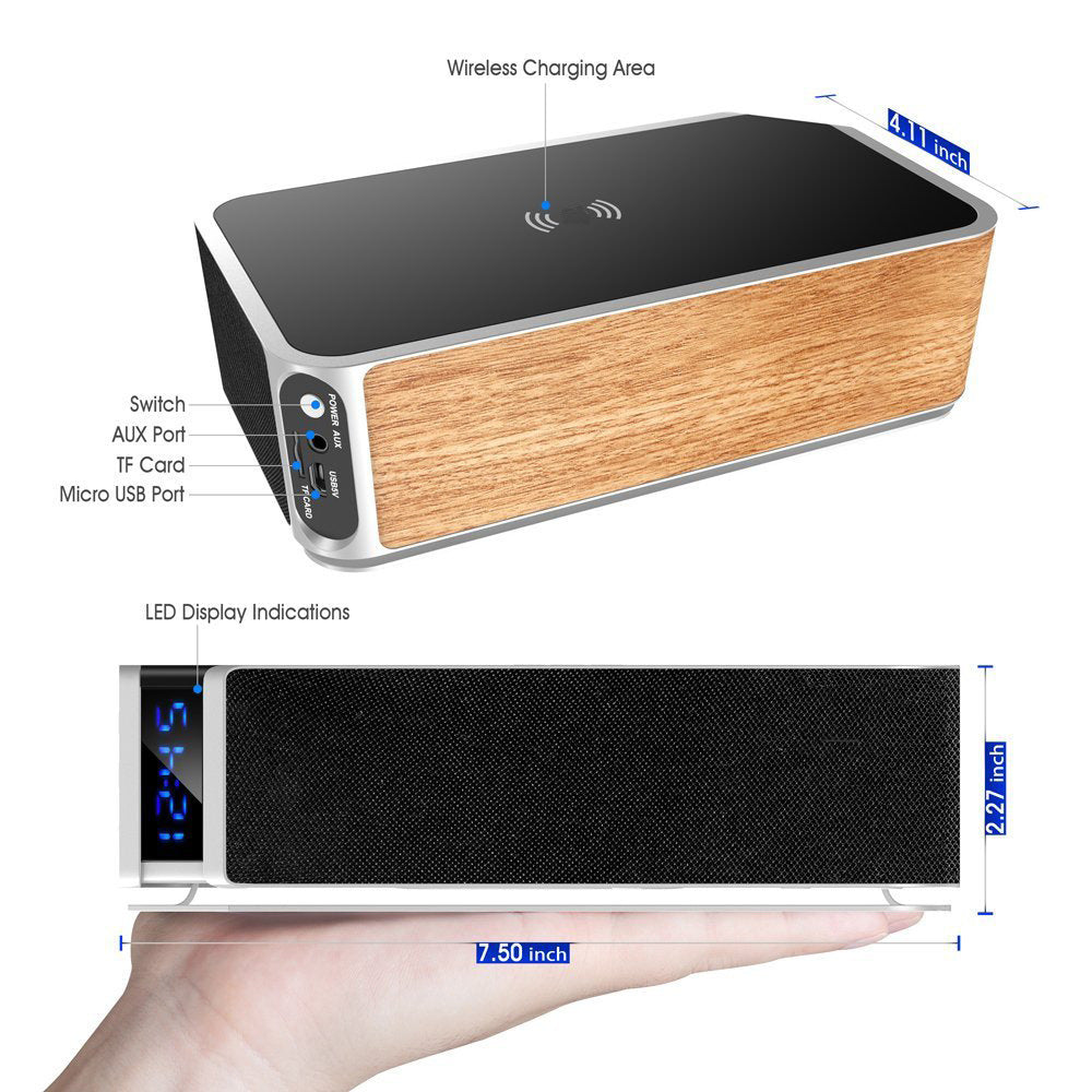 JMT-005194 Wireless Charging Alarm Clock with Bluetooth FM Speaker and USB Port