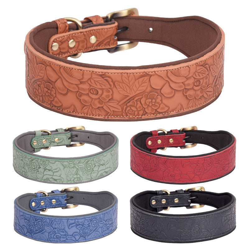 JMT-006346 Embossed Soft Leather Pet Collar with Cotton Substrate - Multiple Color Options Available