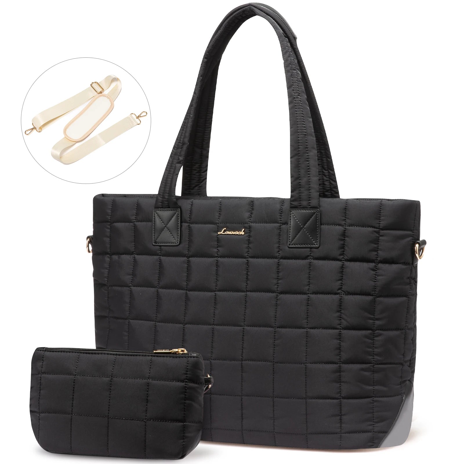 JMT-006666 Fashionable 15.6 in Waterproof Nylon Quilted Puffer Tote Shoulder Bag Set for Women