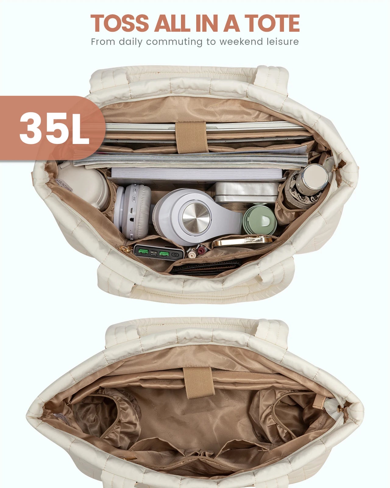 JMT-006666 Fashionable 15.6 in Waterproof Nylon Quilted Puffer Tote Shoulder Bag Set for Women