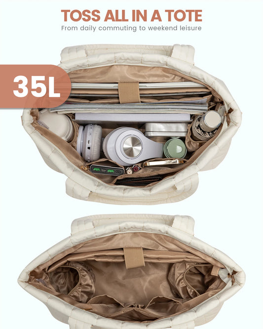 JMT-006666 Fashionable 15.6 in Waterproof Nylon Quilted Puffer Tote Shoulder Bag Set for Women