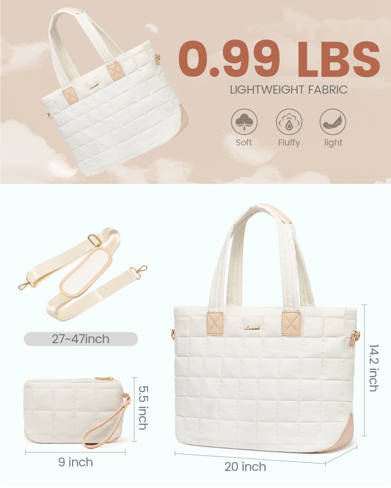 JMT-006666 Fashionable 15.6 in Waterproof Nylon Quilted Puffer Tote Shoulder Bag Set for Women