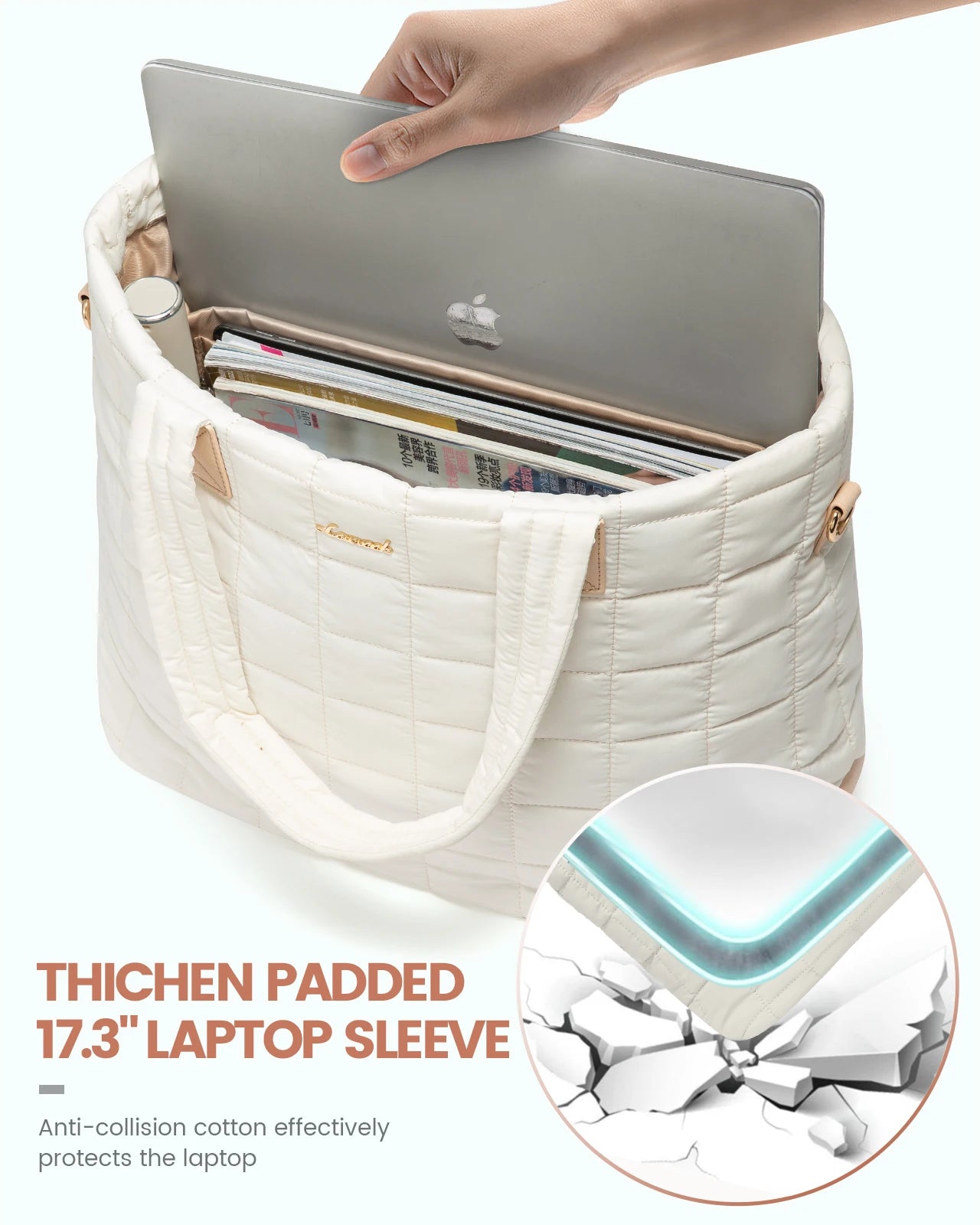 JMT-006666 Fashionable 15.6 in Waterproof Nylon Quilted Puffer Tote Shoulder Bag Set for Women