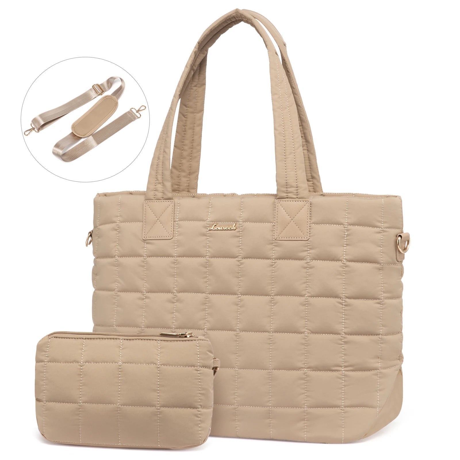 JMT-006666 Fashionable 15.6 in Waterproof Nylon Quilted Puffer Tote Shoulder Bag Set for Women