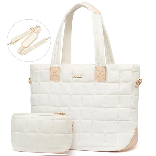 JMT-006666 Fashionable 15.6 in Waterproof Nylon Quilted Puffer Tote Shoulder Bag Set for Women